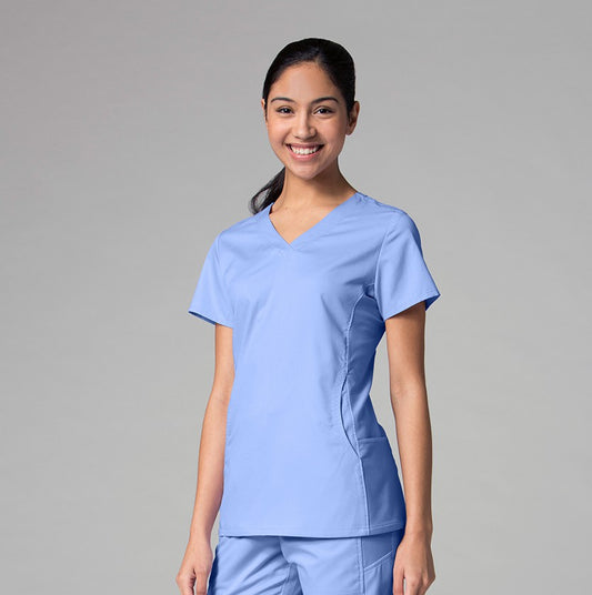 Maevn EON 1718 Women's Sporty Mesh Panel Curved V Neck Top