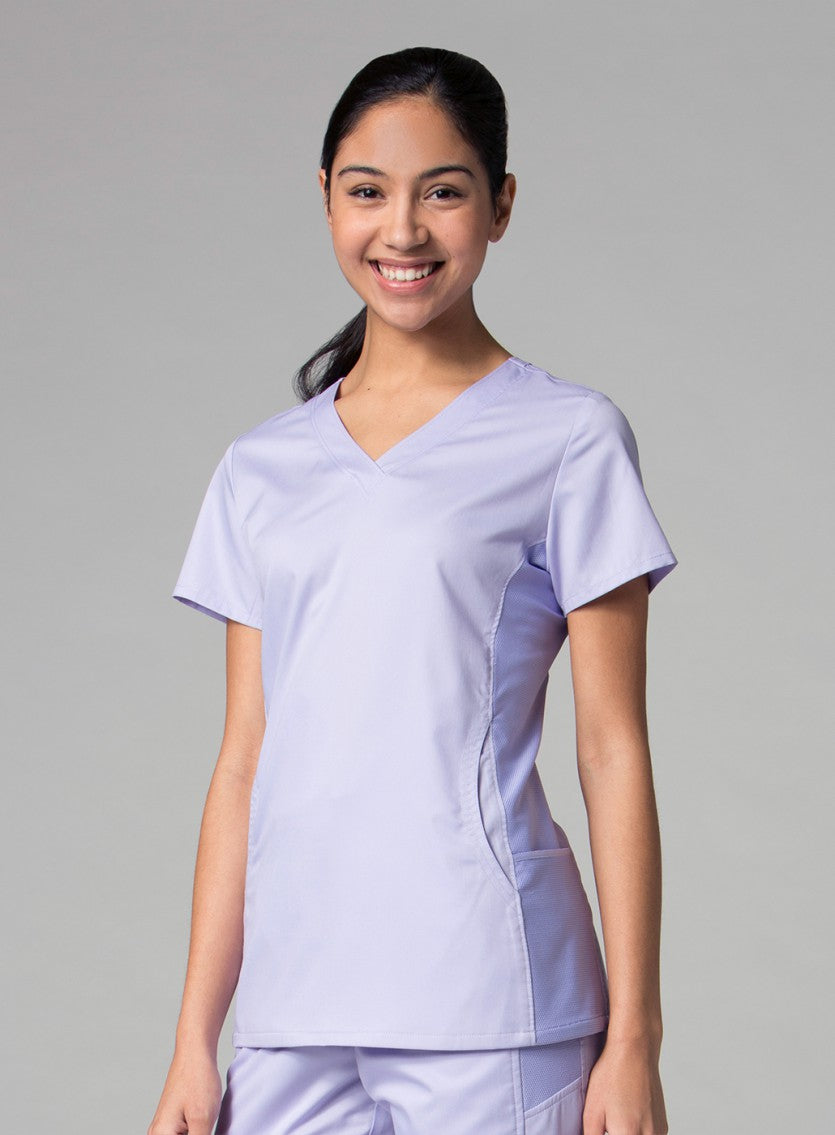 Maevn EON 1718 Women's Sporty Mesh Panel Curved V Neck Top