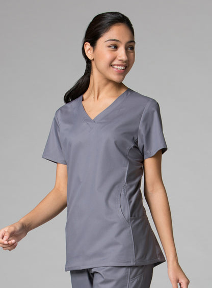 Maevn EON 1718 Women's Sporty Mesh Panel Curved V Neck Top