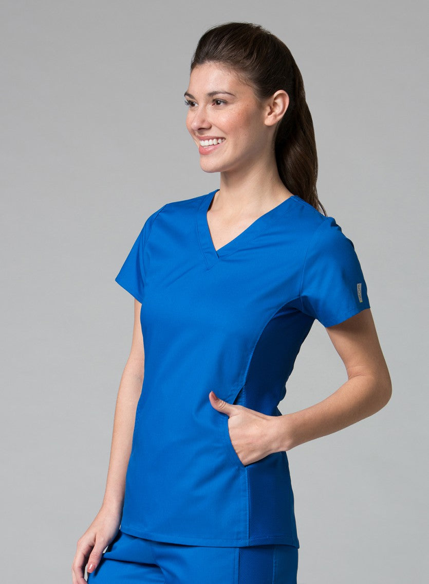 Maevn EON 1718 Women's Sporty Mesh Panel Curved V Neck Top