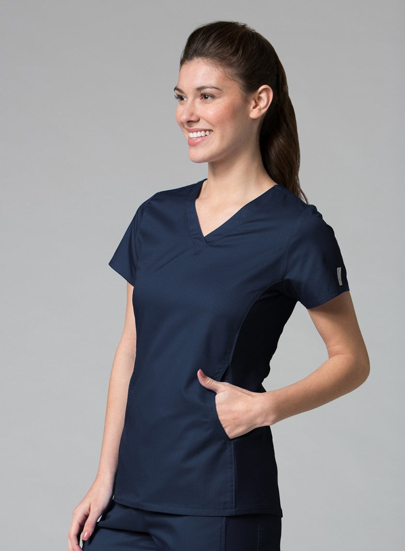 Maevn EON 1718 Women's Sporty Mesh Panel Curved V Neck Top
