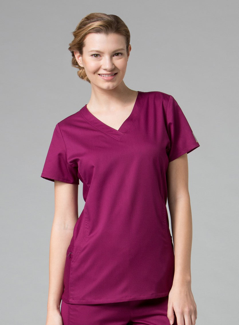 Maevn EON 1718 Women's Sporty Mesh Panel Curved V Neck Top