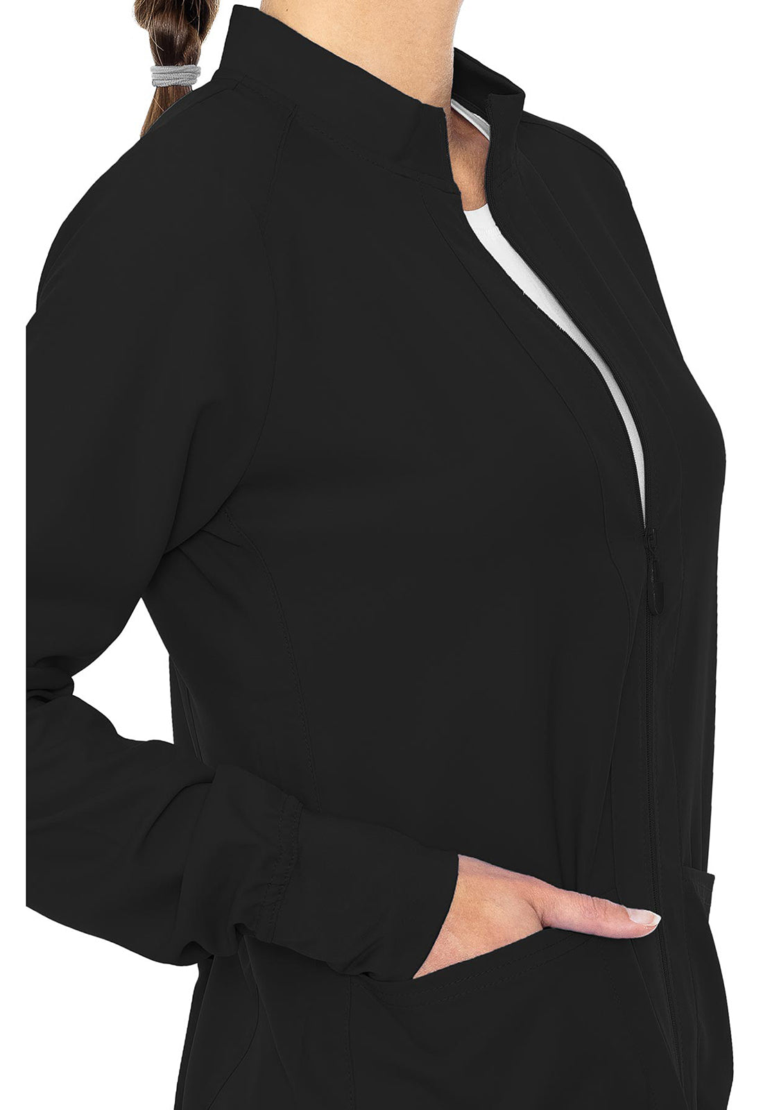 Med Couture Insight Women's MC2660 Zip Front Warm-Up With Shoulder