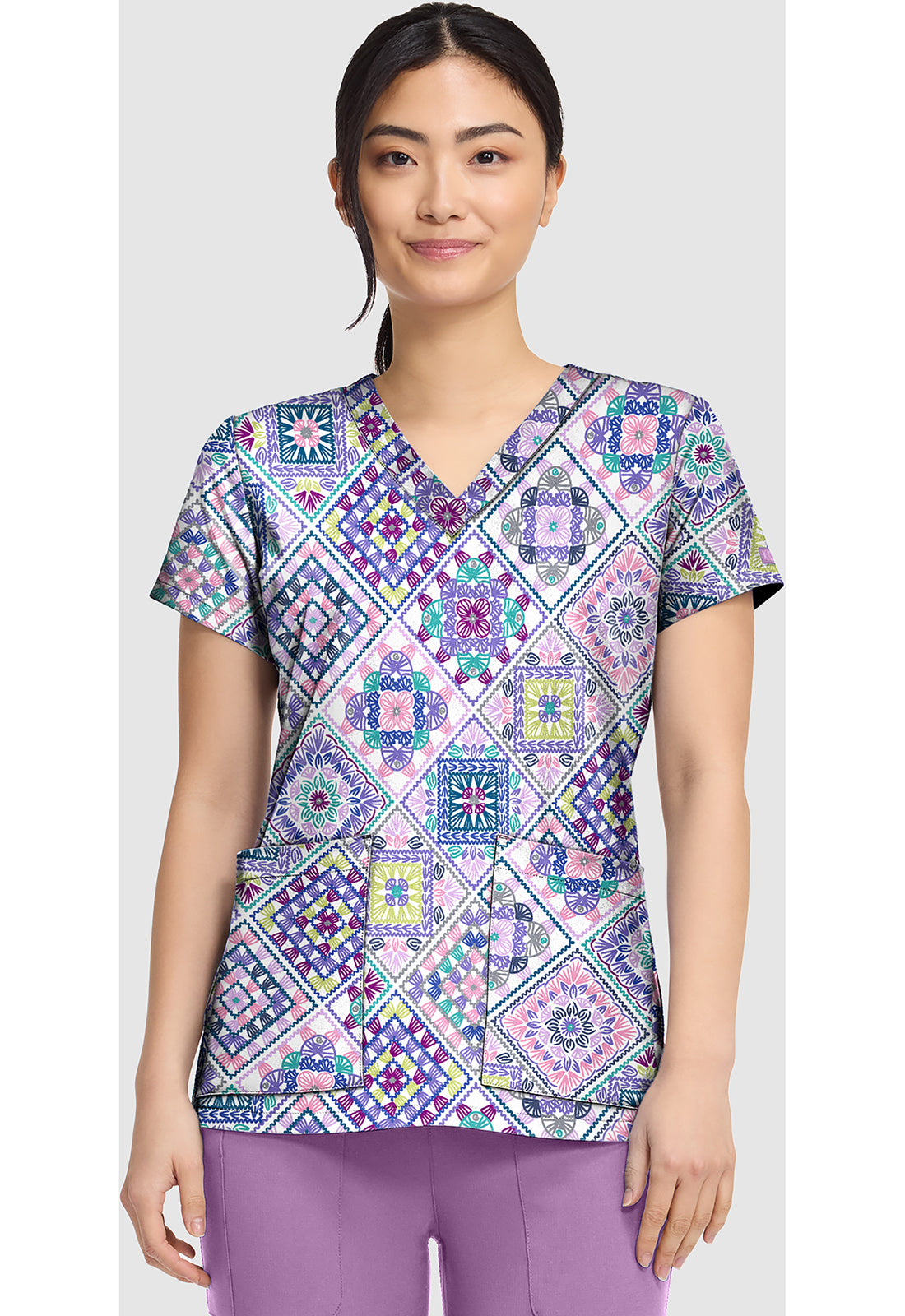 Med Couture Prints Women's MC8564 V-Neck Print Top