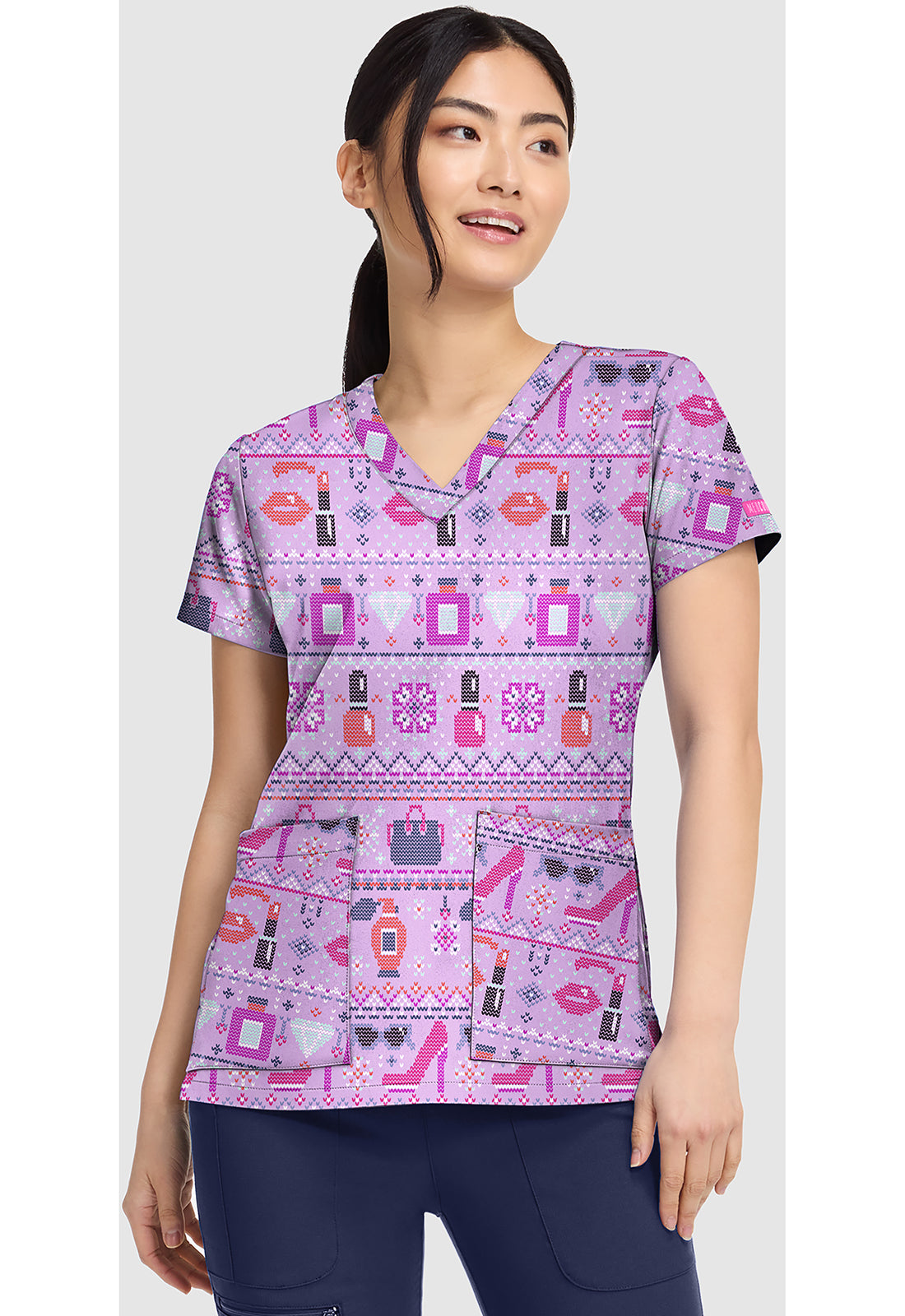 Med Couture Prints Women's MC8564 V-Neck Print Top