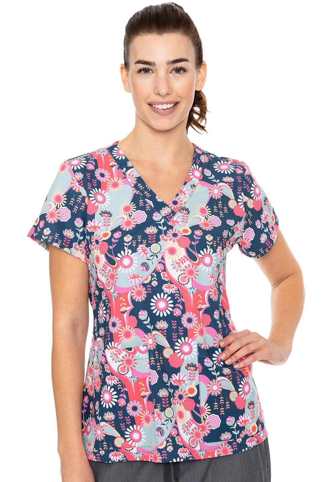 Med Couture Prints Women's MC8564 V-Neck Print Top