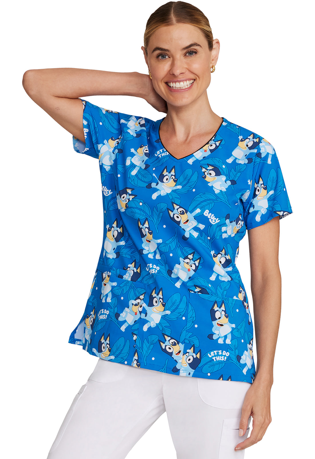 TF TOONIFORMS  Women's TF614 V-Neck Print Top