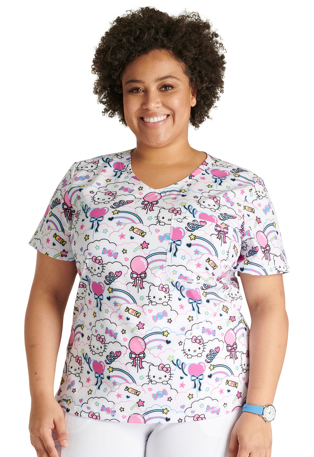 TF TOONIFORMS-DISNEY  Women's TF786 Rounded Print V-Neck Top