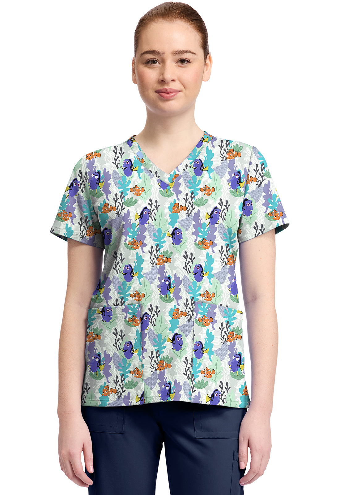 TF TOONIFORMS-DISNEY  Women's TF796 Print V-Neck Top