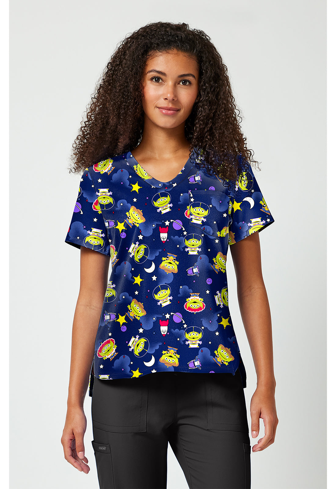 Tooniforms Disney Women's TF797 Print V-Neck Top
