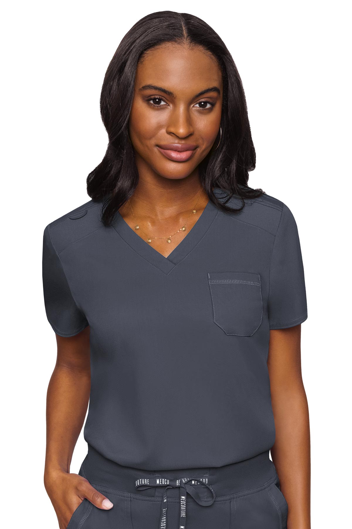 7448 Med Couture Touch Plus Size Women's V-Neck Chest Pocket Top