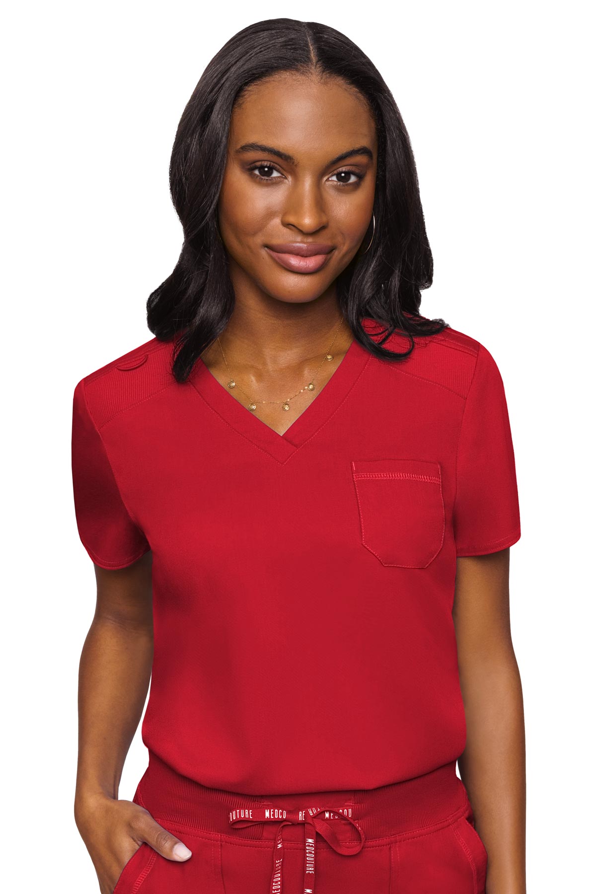 7448 Med Couture Touch Plus Size Women's V-Neck Chest Pocket Top